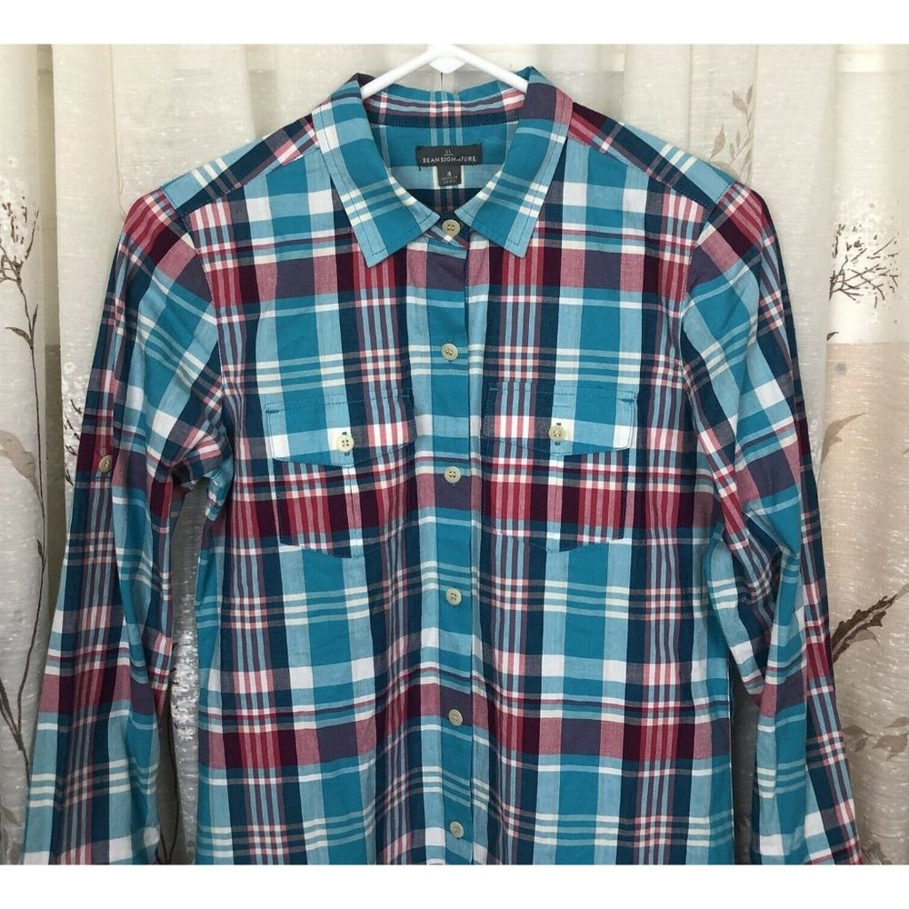 LL Bean Signature Shirtdress size 4 Blue Pink Plaid Cotton - Picture 2 of 8